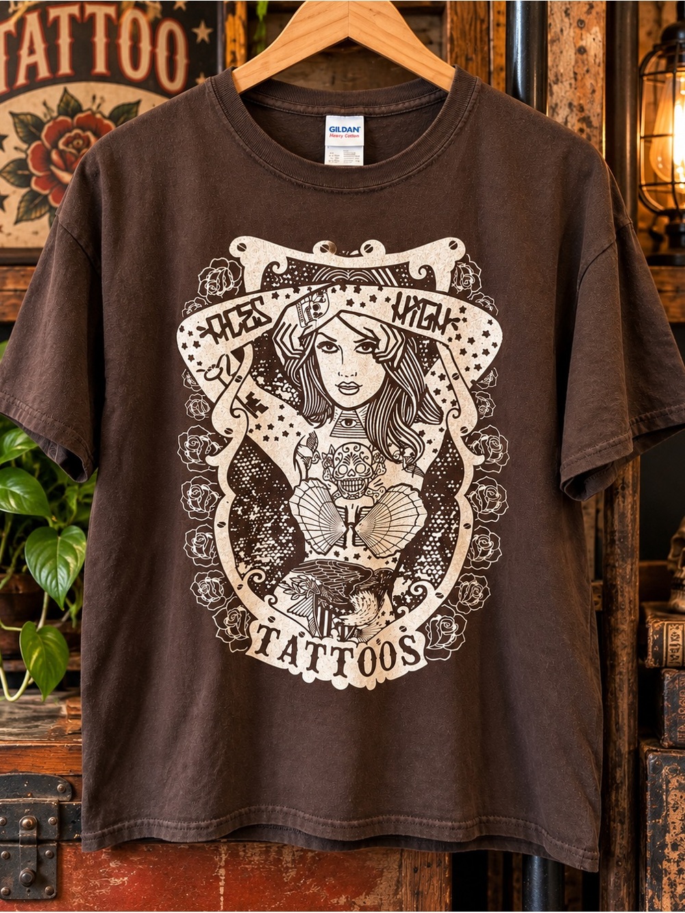 Aces High Tattoo Shop Men’s L Graphic Tee Tattoo Flash Double Sided